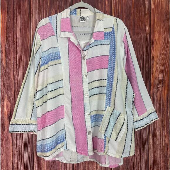 Parsley & Sage Womens Button Down Top Striped Lagenlook Blue Pink Plus Size 2X - Picture 1 of 6